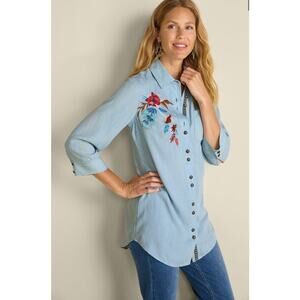 Soft Surroundings Sz XL Aveline Floral Beaded Blue Chambray Top Embroidered NWT